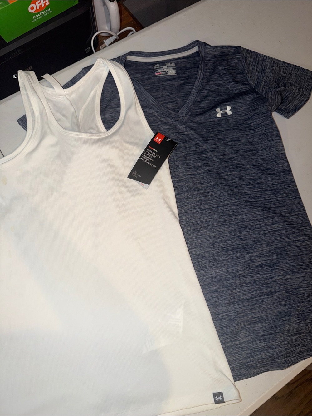 Under Armour White Racerback Tank & Gray Heather V-Neck Top